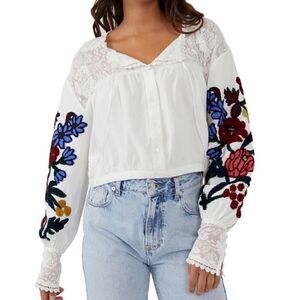 Free People White Blouse with Floral Embroidery